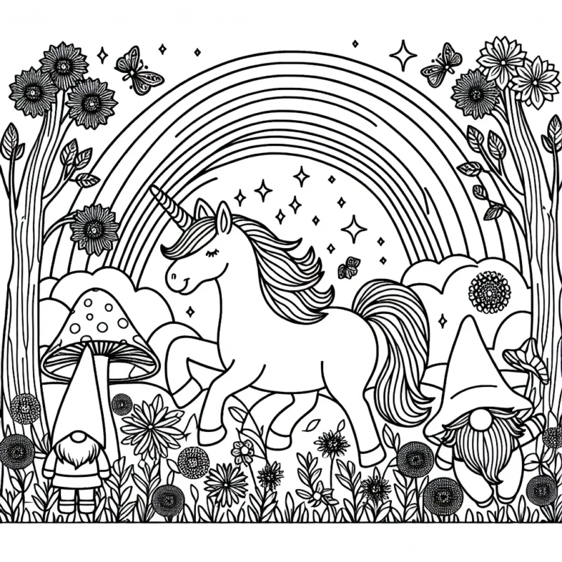 Imaginez une licorne jouant aux côtés de ses amis les lutins dans une forêt enchantée peuplée de fleurs et de champignons colorés. Il y a aussi un arc-en-ciel majestueux qui se déroule à travers le ciel.