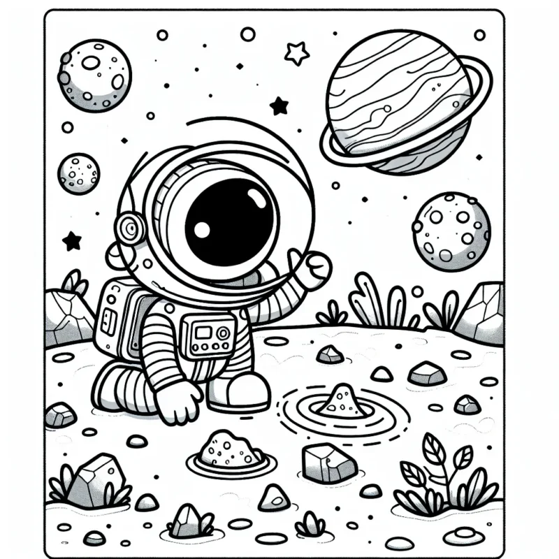 Un petit astronaute curieux sur la planète Mars examinant une variété de pierres et de plantes extraterrestres