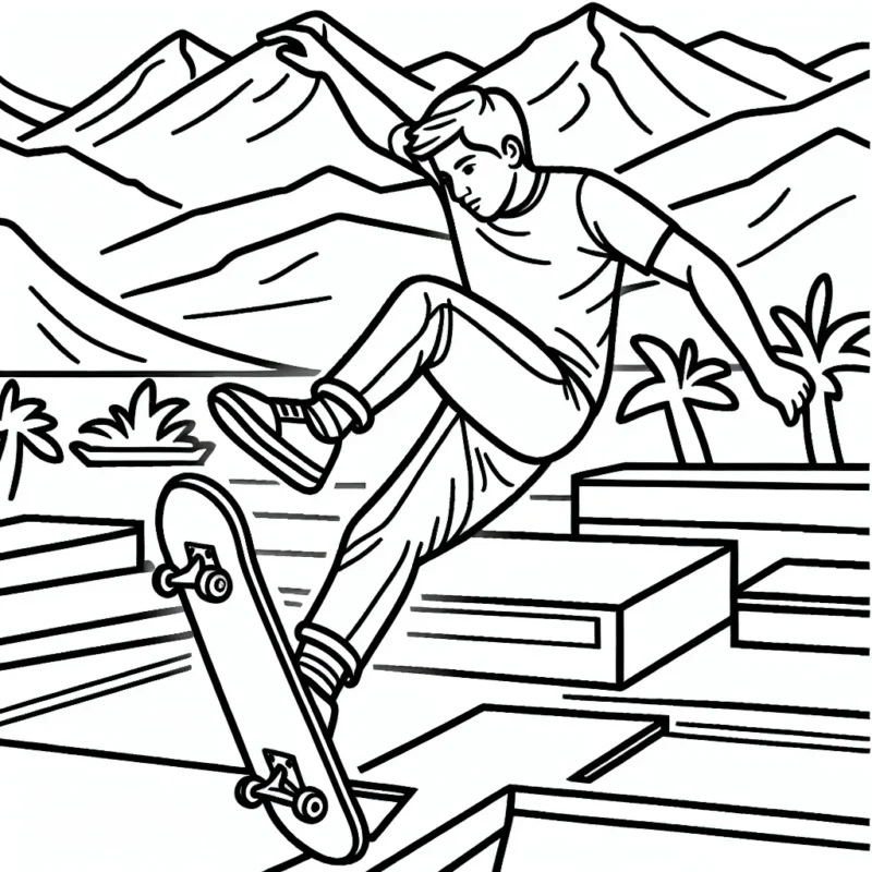 Dessine un athlète en pleine action de faire du skateboard dans un parc de skate, avec des montagnes en arrière-plan.