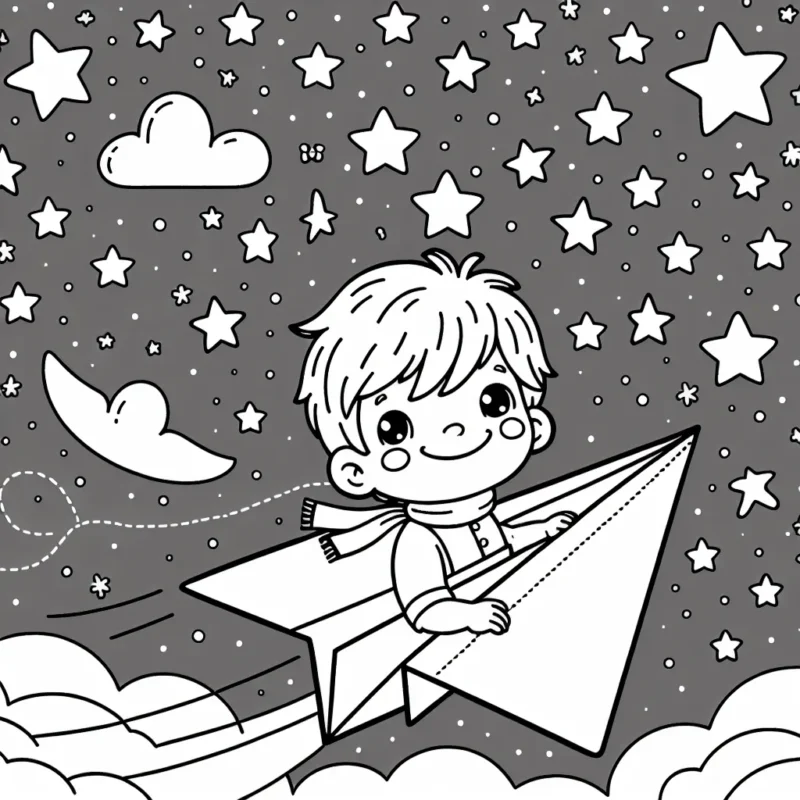 Un petit garçon courageux pilotant un avion en papier géant à travers un ciel étoilé