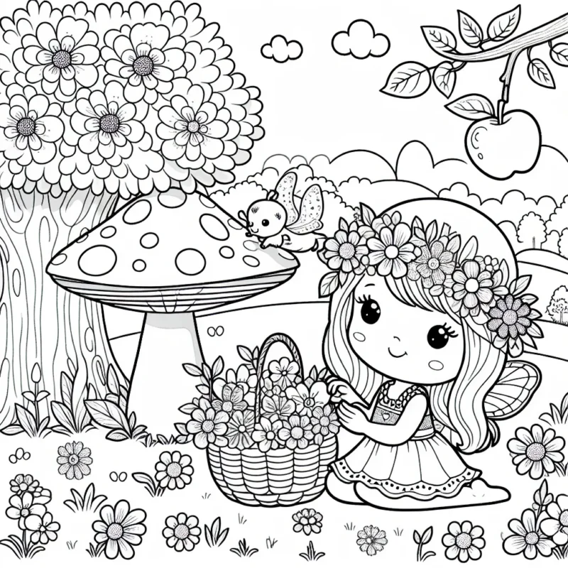 Sur une jolie prairie printanière, une petite fée élégante décore sa maison-mushroom avec des fleurs multicolores qu'elle collecte dans son panier en osier. Un petit écureuil coquin essaye de voler une pomme dorée accrochée à l'arbre à coté.
