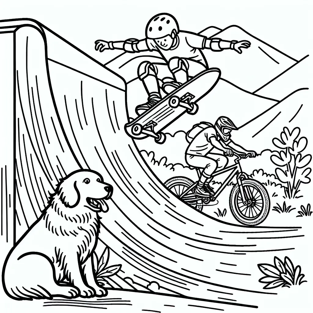 Imagine un scénario où un skateur fait un saut audacieux depuis un énorme half-pipe sous les applaudissements de son fidèle chien qui le regarde, pendant qu'un VTTiste s'apprête à dévaler une pente raide en arrière-plan. Dessine-les, ne manque aucun détail et colore-les brillamment!