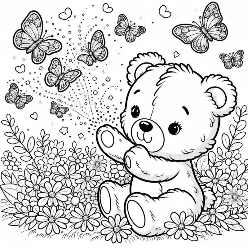 Un petit ours en peluche nommé Bruny joue avec des papillons scintillants dans un jardin fleuri