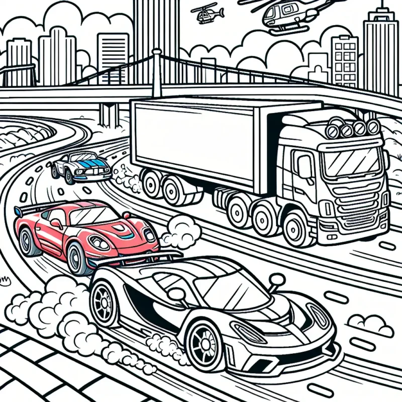 Dessine une course palpitante entre une voiture de sport rouge et un camion bleu sur un circuit animé avec un paysage urbain en arrière-plan.