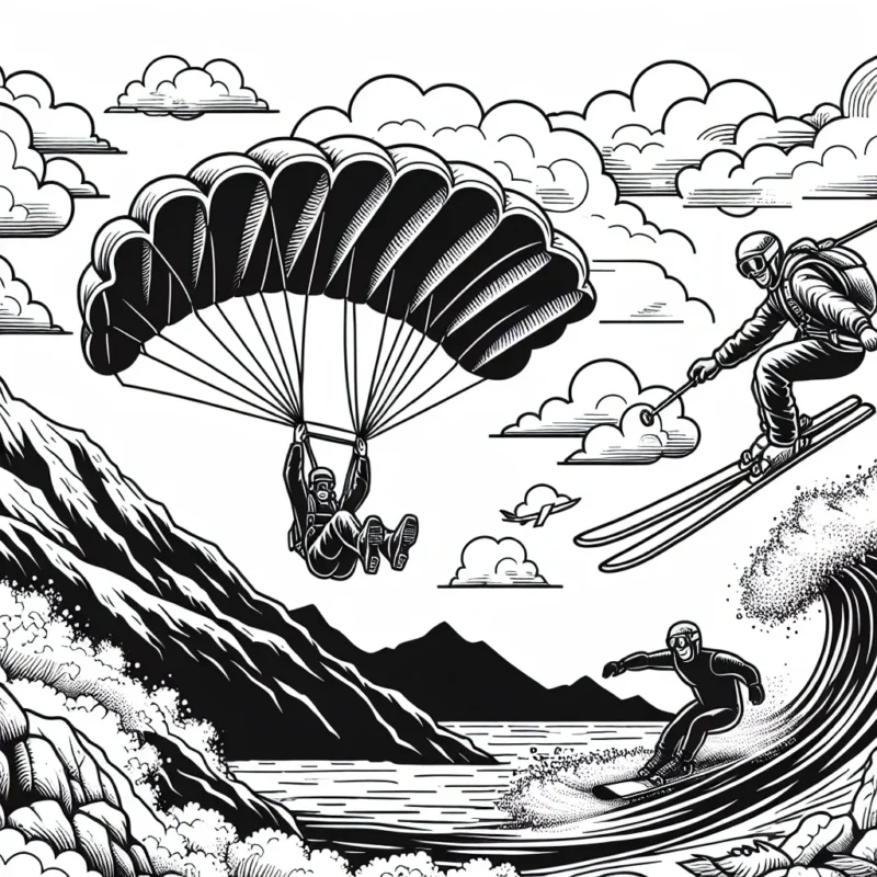 Dessine un parachutiste descendant du ciel avec sa voile aux couleurs chatoyantes, un skieur slalomant entre des rochers et un surfeur en plein action sur une vague déchaînée.