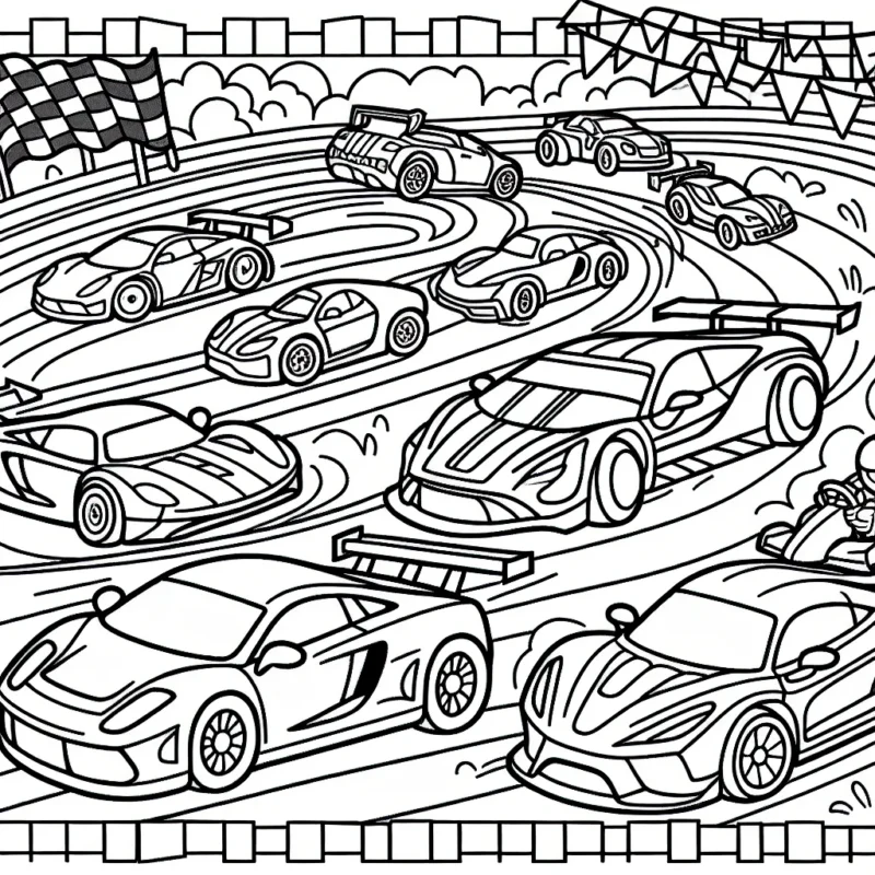 Dessinez une course de voitures animée avec des voitures de sport colorées, des pilotes audacieux et un paysage de circuit de course palpitant.