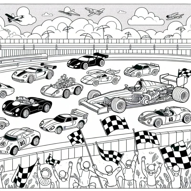 Dessine une scène de course de voitures avec des voitures de différentes formes et tailles. Certaines sont modernes, certaines sont classiques et d'autres sont futuristes. Il y a aussi quelques personnages encourageant et agitant des drapeaux au bord du circuit.
