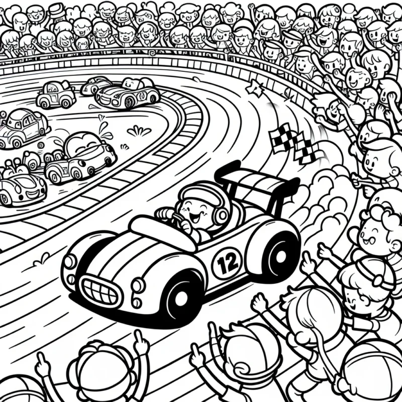 Dessinez une course de voitures animées sur une piste serpentine avec une foule de supporters animés.