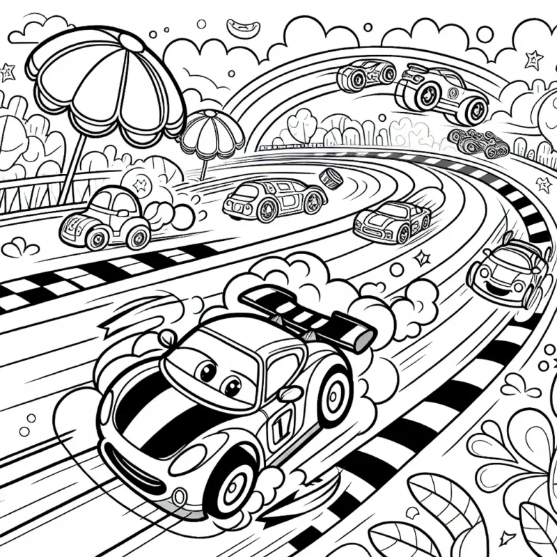 Une voiture de course roule à toute vitesse pour atteindre la ligne d'arrivée, elle est poursuivie par des véhicules colorés dans un terrain plein d'obstacles et de surprises.