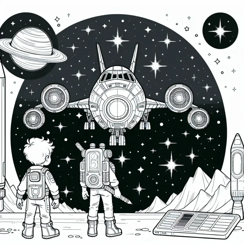 Un petit garçon courageux se tient devant une grande machine spatiale, prêt à décoller pour une aventure intergalactique. Les étoiles brillent autour en promesse d'une incroyable épopée. Un robot compagnon se tient à ses côtés, partageant son excitation.