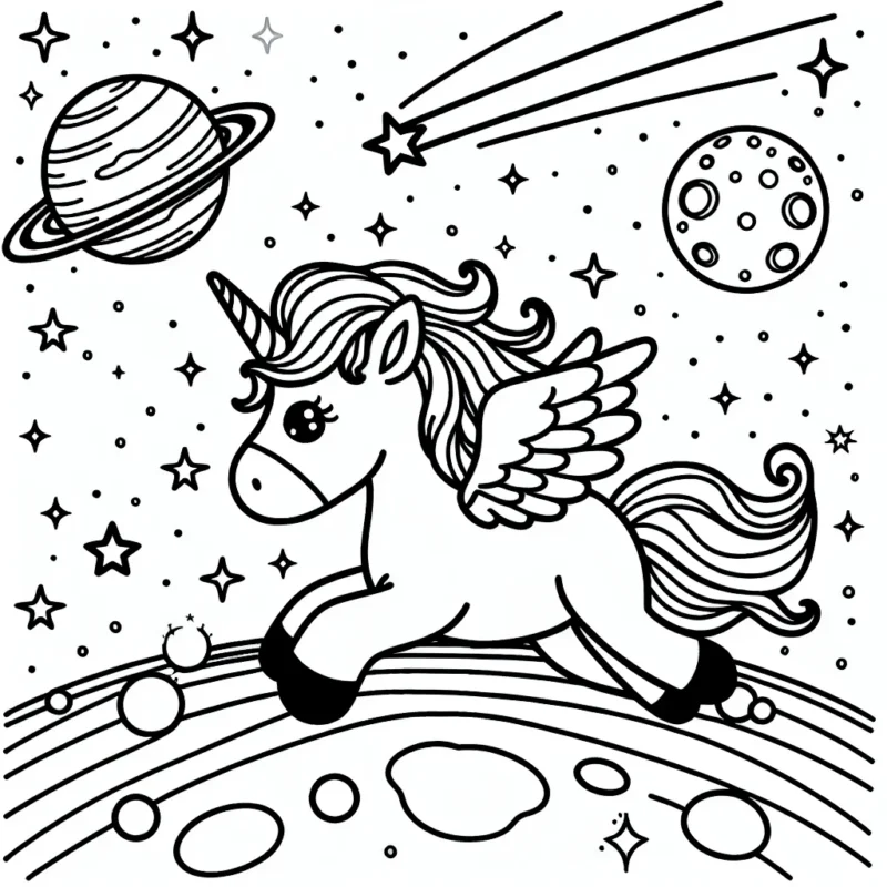 Une licorne ailée voyage dans l'espace, observant les planètes multicolores et les étoiles scintillantes, une comète filante dans le lointain, et une station spatiale enfantine proche de la lune.