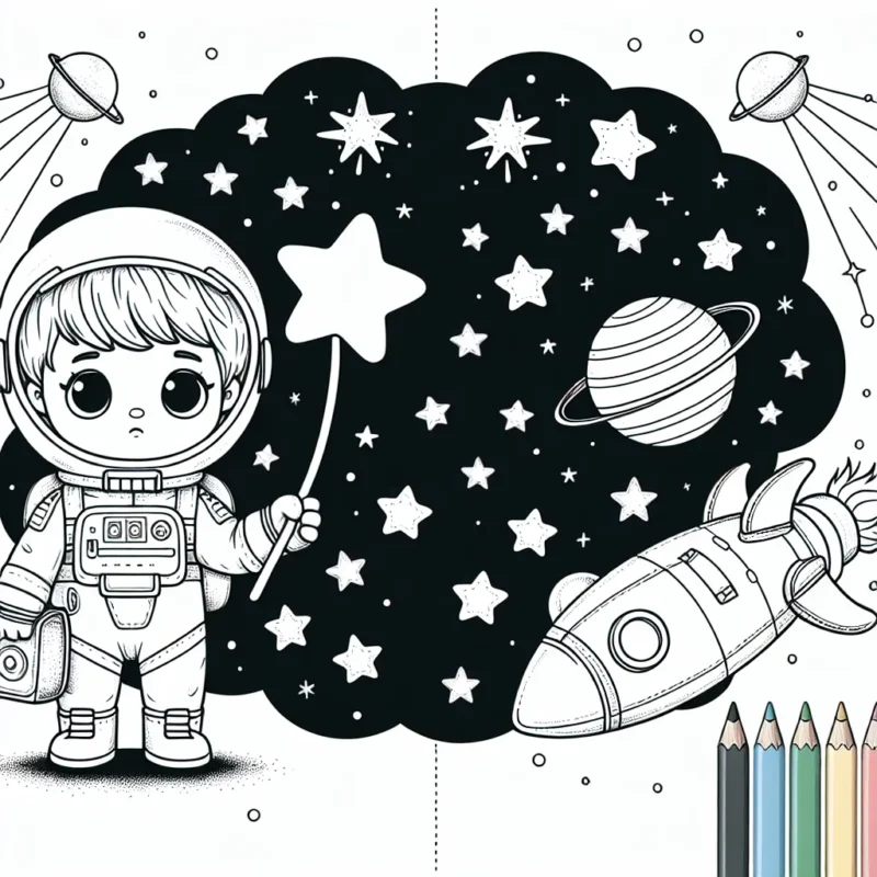 Un petit astronaute curieux tient dans sa main une grosse étoile filante, alors qu'un vaisseau spatial hautement détaillé flotte à l'arrière-plan avec plusieurs autres étoiles et planètes à colorier.