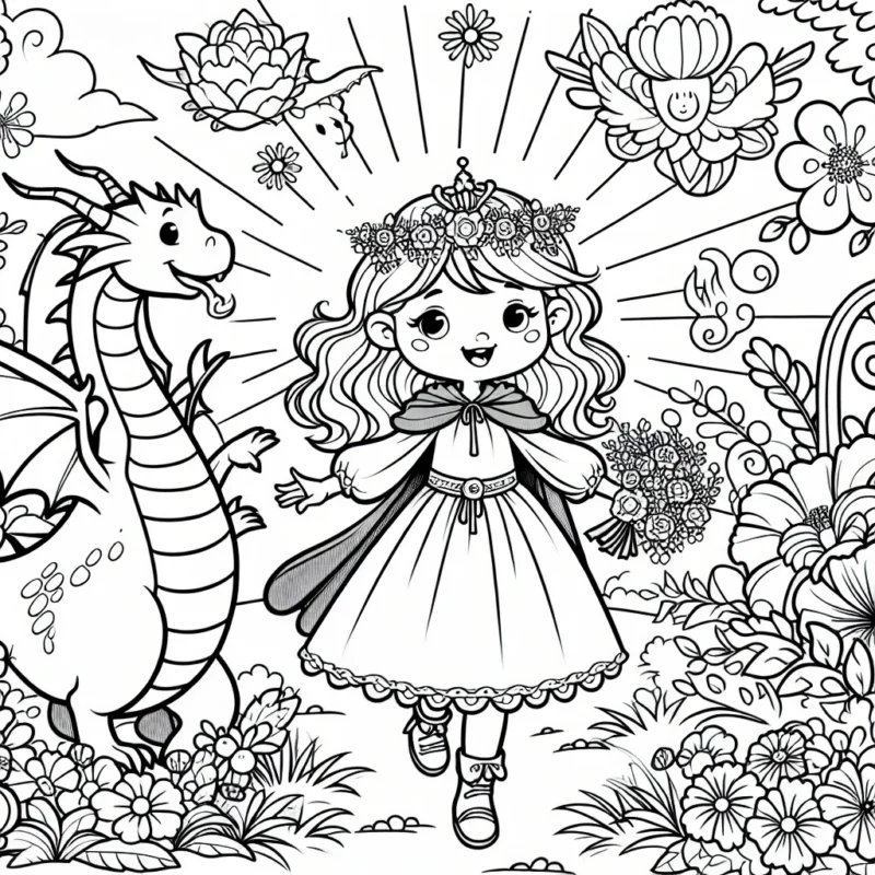 Dans ce dessin, une petite princesse part à l'aventure dans un royaume magique. Elle est accompagnée de son fidèle dragon et a le don de parler aux fleurs multicolores autour d'elle.