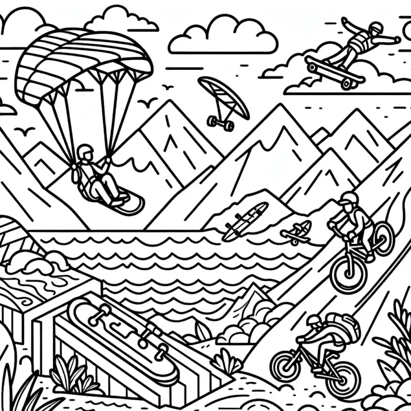 Imagine un parcours de sports extrêmes dans la nature où chaque participant peut faire du parapente, du skate sur une rampe verticale, du VTT dans les montagnes et du surf sur une mer agitée.