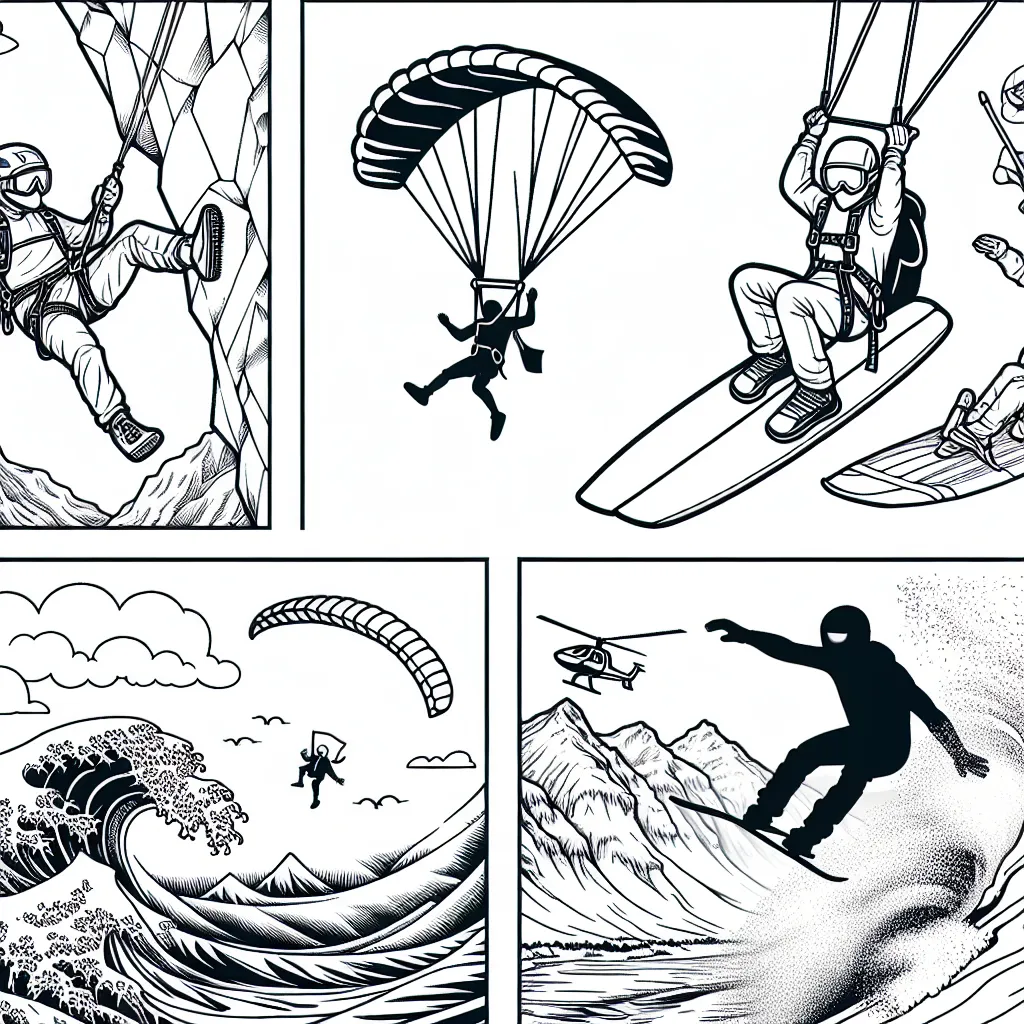 Sur cette page, vous trouverez diverses activités de sports extrêmes pour colorer. Il y a un grimpeur s'accrochant à une montagne escarpée, un parachutiste tombant du ciel avec un parapente coloré, un surfeur chevauchant une vague rugissante et un skieur en train de faire un saut audacieux. Pouvez-vous colorer ces scènes excitantes et ajouter plus de joie au monde des sports extrêmes ?