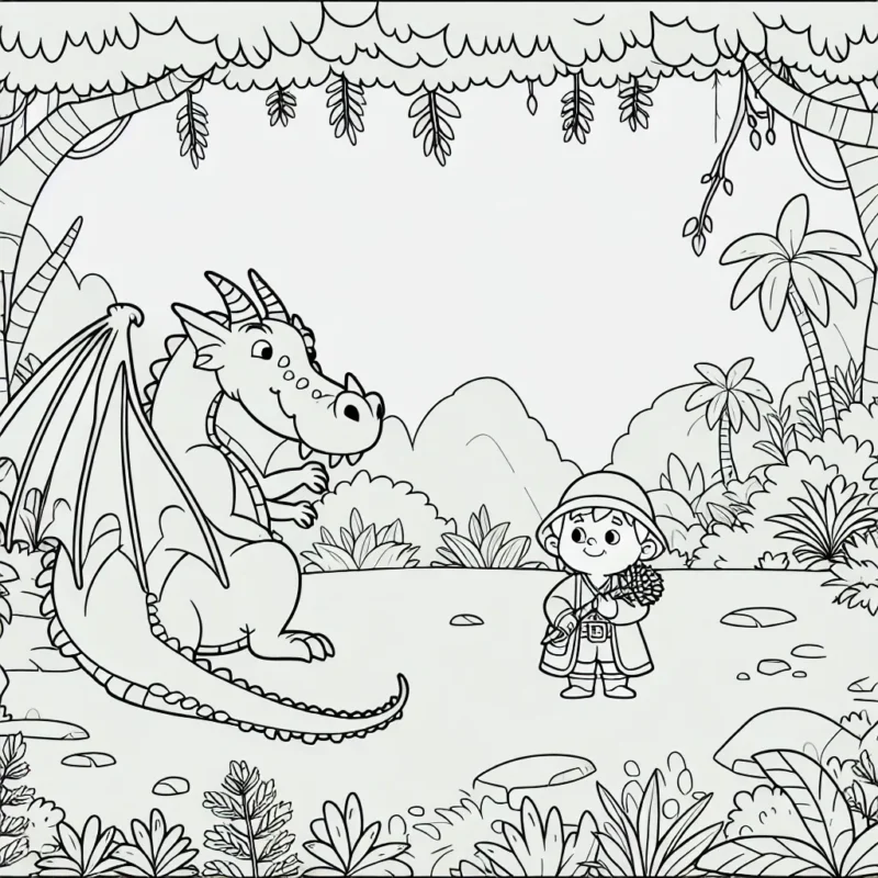 Le petit explorateur et le majestueux dragon dans une jungle merveilleuse