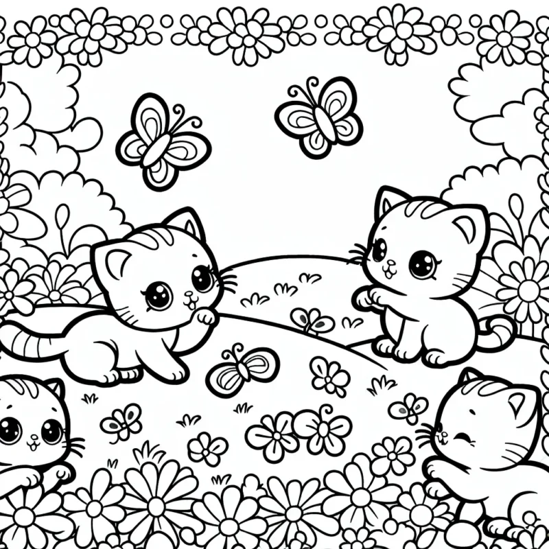 Un groupe de chatons mignons jouant avec des papillons dans un jardin.
