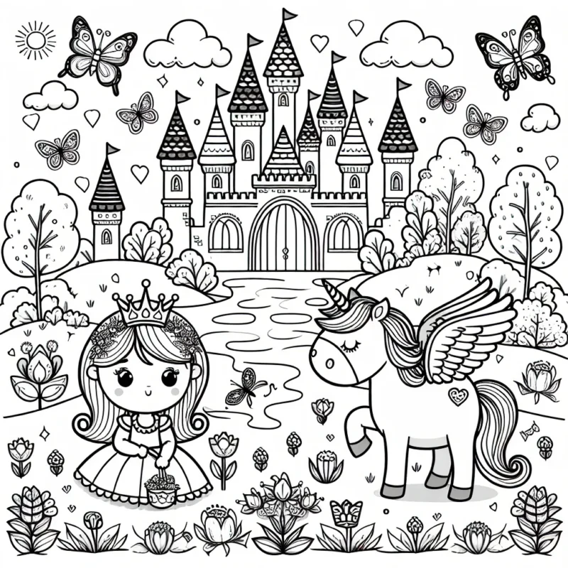 Un royaume enchanté avec une licorne ailée et une petite fille princesse jouant avec des papillons