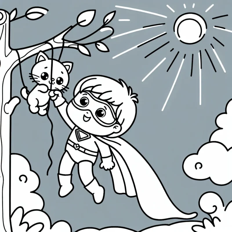 Nous allons colorier un petit garçon courageux qui est un super héros. Il porte un costume de couleur bleue avec une cape rouge. Il est en train de sauver un petit chaton pris dans un arbre très haut. Le soleil brille dans le ciel, il fait une belle journée.