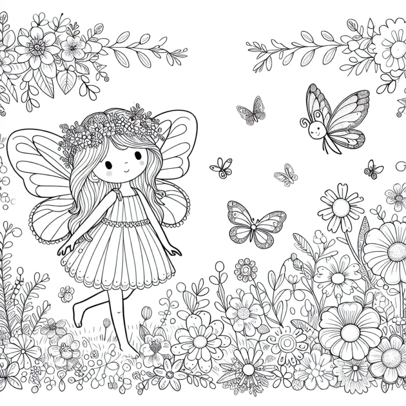 Lilas, la petite fée dans son jardin magique de fleurs et d'animaux féériques.