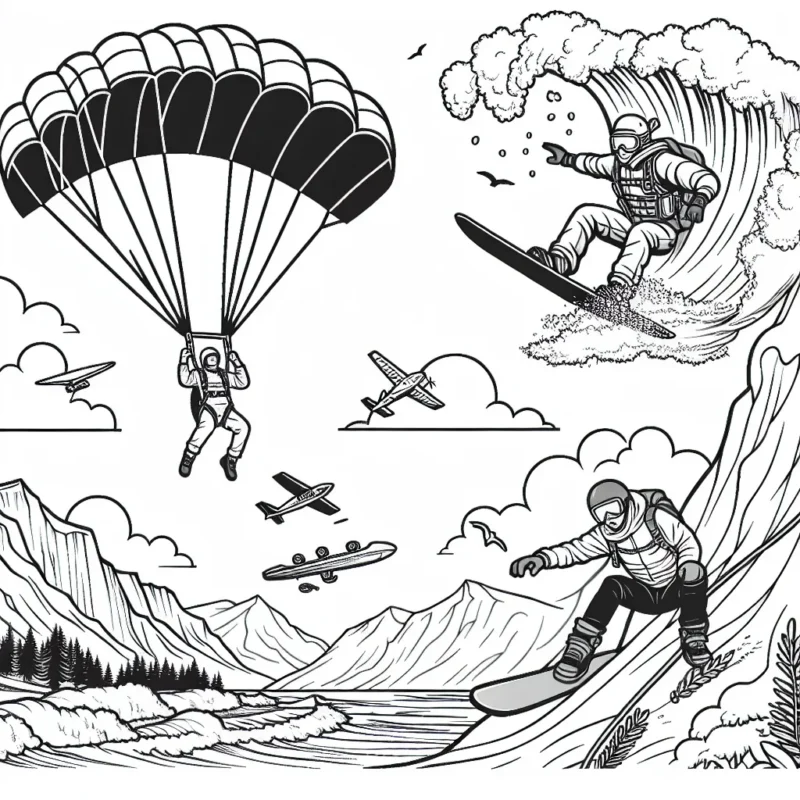 Imagine un parachutiste traversant le ciel bleu, un surfeur chevauchant des vagues gigantesques, un snowboardeur descendant une montagne enneigée à toute vitesse et un escaladeur grimper un rocher abrupt. Dessine-les tous dans un même cadre en expliquant que ce sont tous des sports extrêmes.
