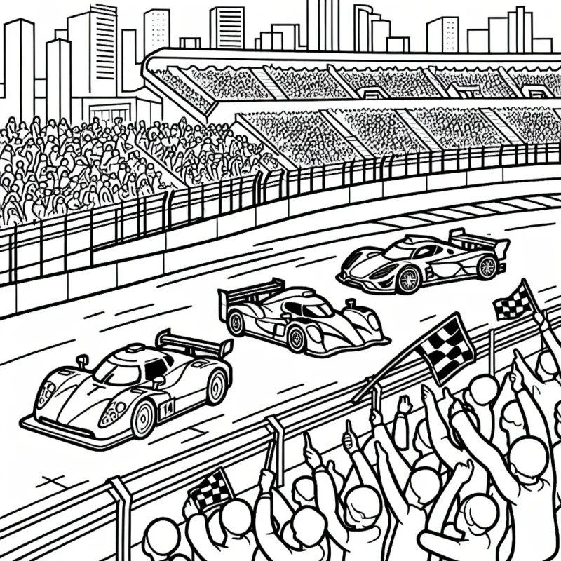 Dessine une course passionnante de voitures de sport colorées sur une piste animée avec un public enthousiaste dans les gradins.