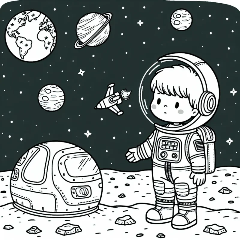 Un jeune astronaute sur la lune se tenant à côté de son vaisseau spatial et regardant la planète terre depuis l'espace.