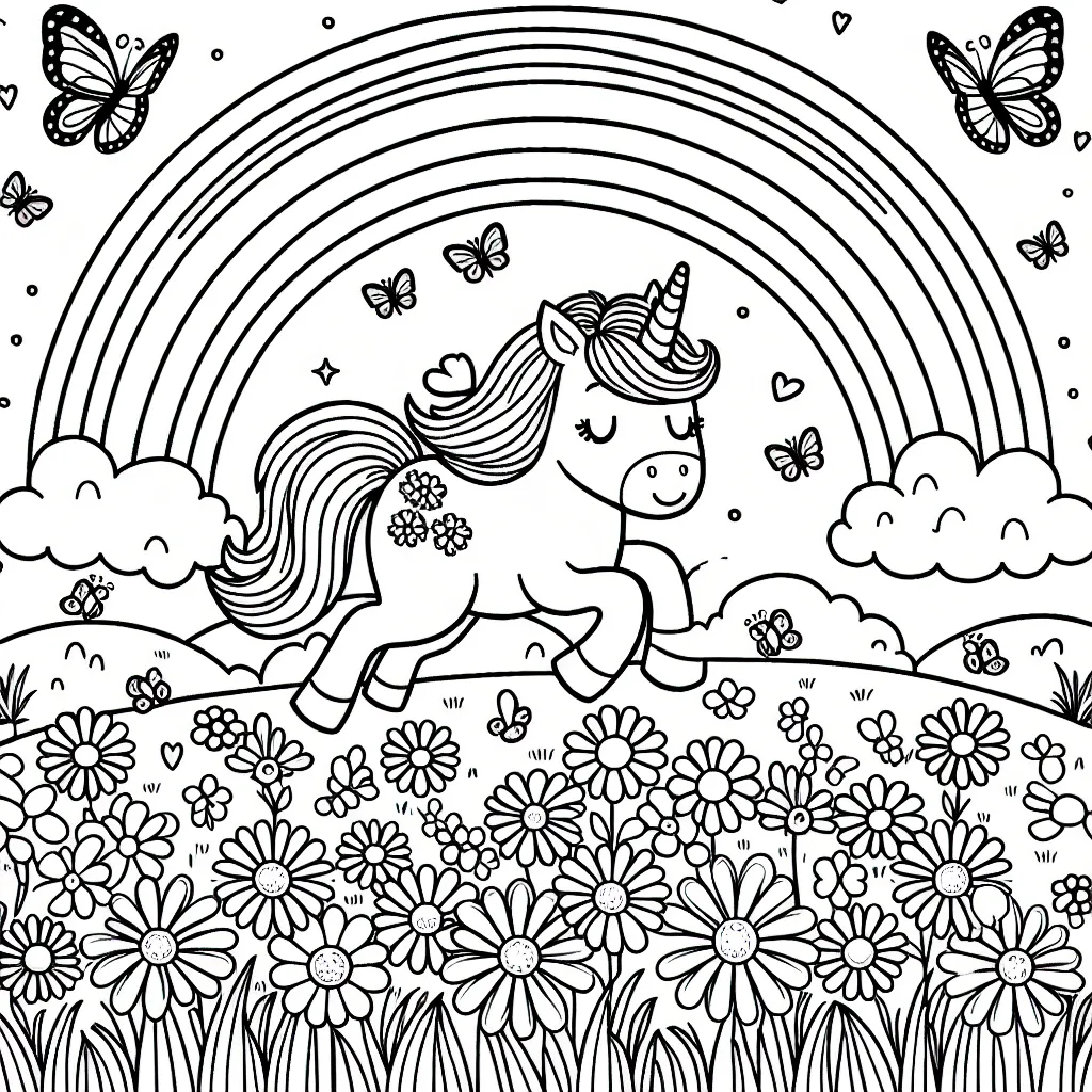 Un paysage féérique où une licorne Daisy joue dans un champ de fleurs avec des papillons, un arc-en-ciel brillant à l'arrière-plan.