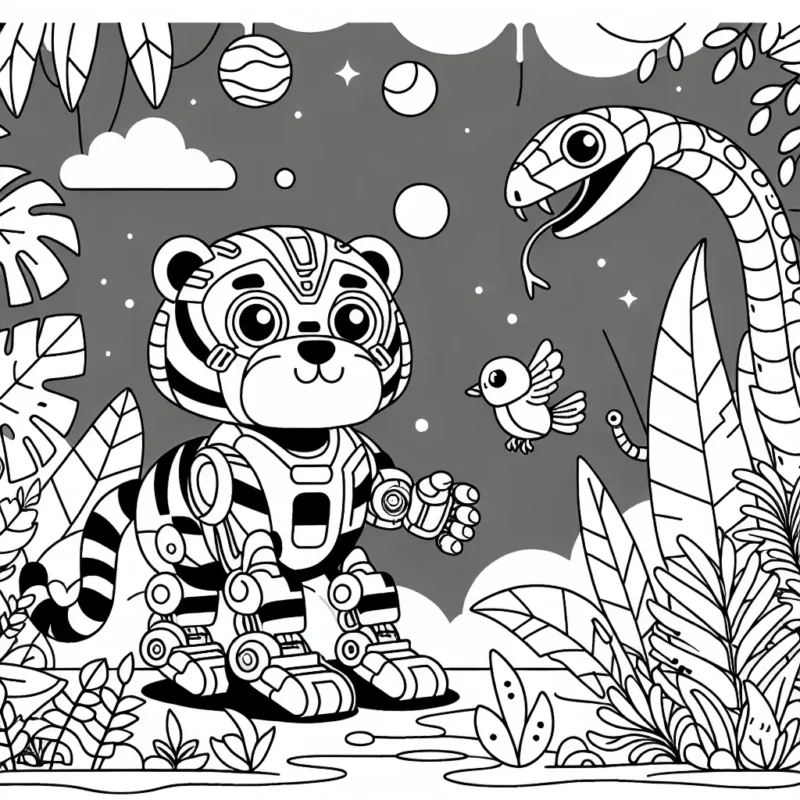 Imaginez un robot-tigre explorant une jungle futuriste, plein de plantes et d'animaux exotiques. Le robot-tigre est en mission pour sauver un oiseau rare kidnappé par un méchant robot-serpent.