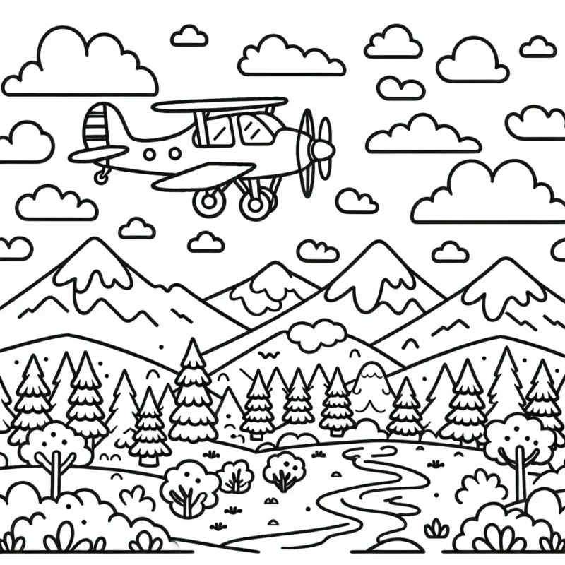 Imaginez un avion volant haut dans le ciel parsemé de nuages. Dessous se trouve un paysage magnifique avec des montagnes, des forêts et des rivières. Pouvez-vous donner vie à cet avion et à ce paysage en leur offrant des couleurs ?