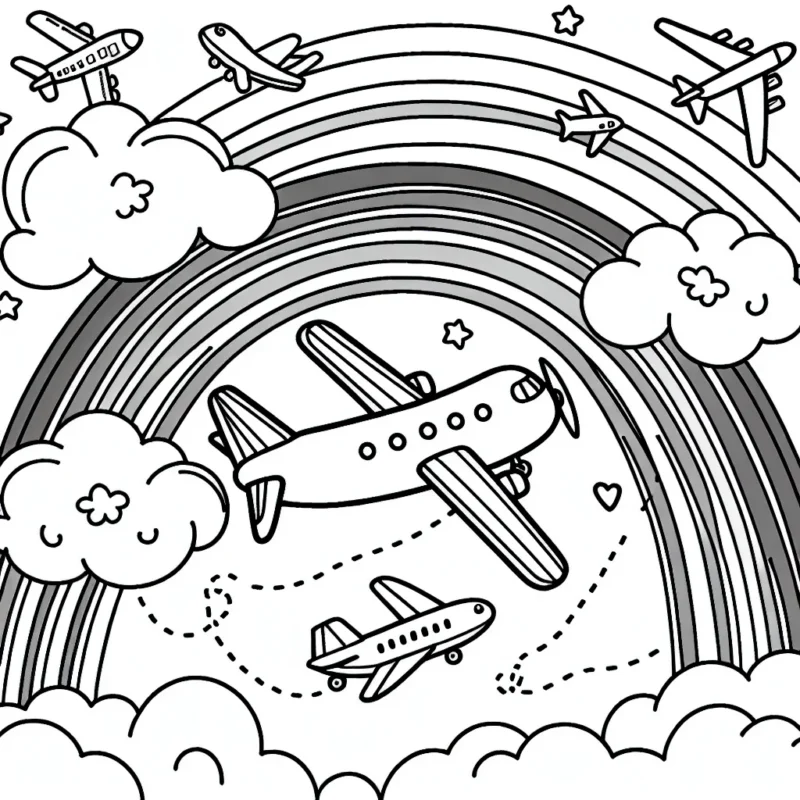 Un avion virevolte dans le ciel avec un arc-en-ciel en arrière-plan. Autour de lui, d'autres avions sont représentés, certains sont en plein décollage, d'autres sont en atterrissage sur une piste à proximité. Des nuages fantaisistes sont présents autour de l'avion principal, offrant de belles possibilités de coloriage.
