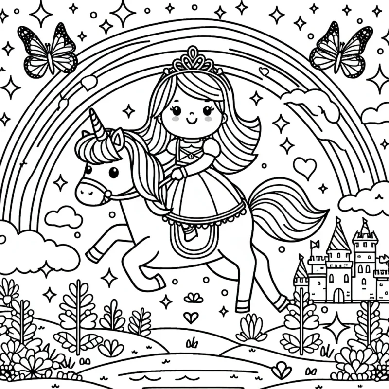 Une princesse chevauche un licorne magique qui survole un royaume enchanté, entourés de papillons étincelants et d'arcs-en-ciel brillants.