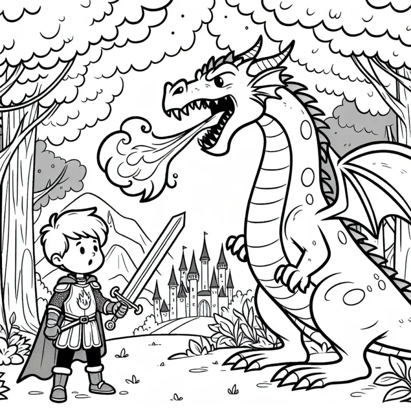 Un jeune chevalier se tient courageusement devant un immense dragon. Ils se trouvent dans une forêt mystérieuse, avec un château en arrière-plan. Le jeune chevalier tient une épée brillante et le dragon crache des flammes.