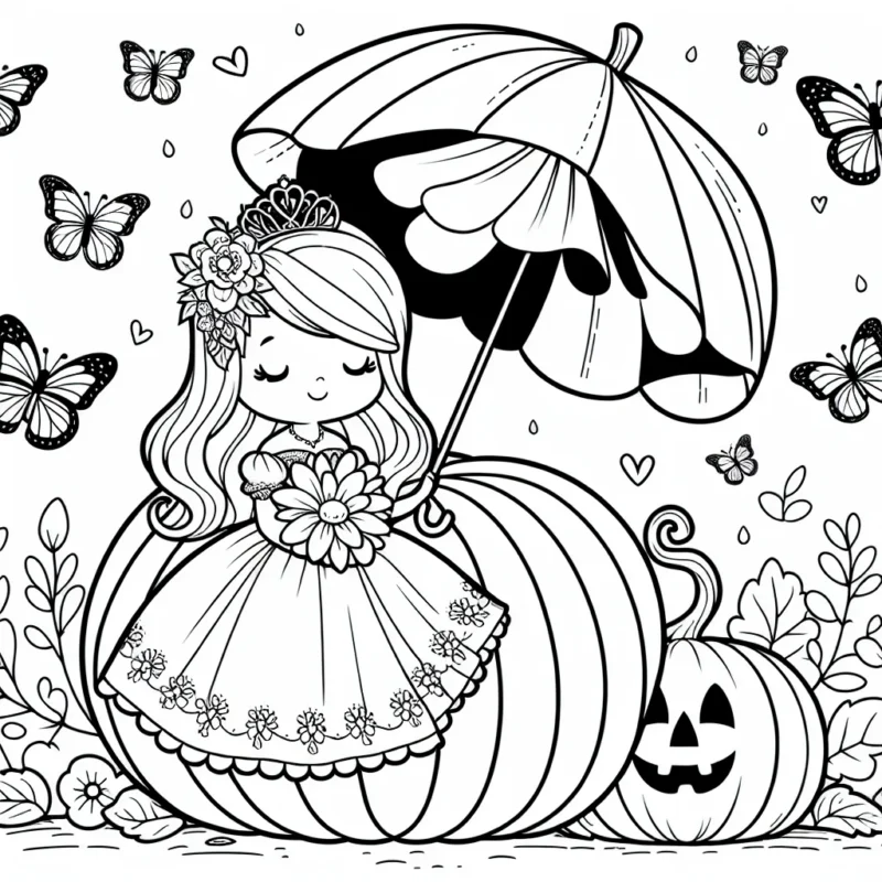 Dessine une princesse tenant un parapluie en forme de fleur, assise sur une énorme citrouille entourée de papillons