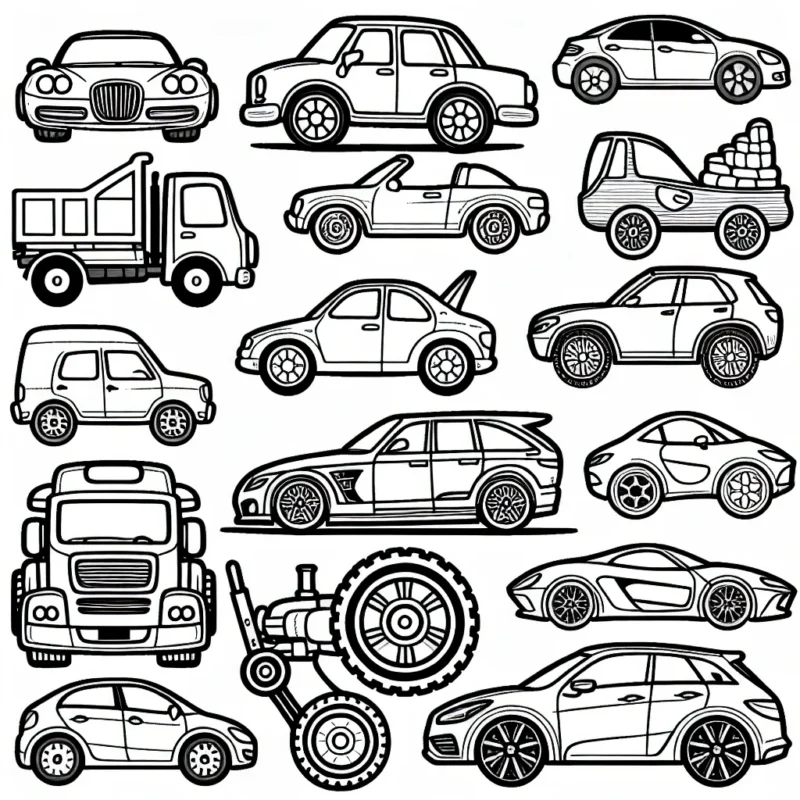 Dessine une variété de voitures différentes en se concentrant sur différentes marques comme BMW, Audi, Mercedes, Ford, etc.