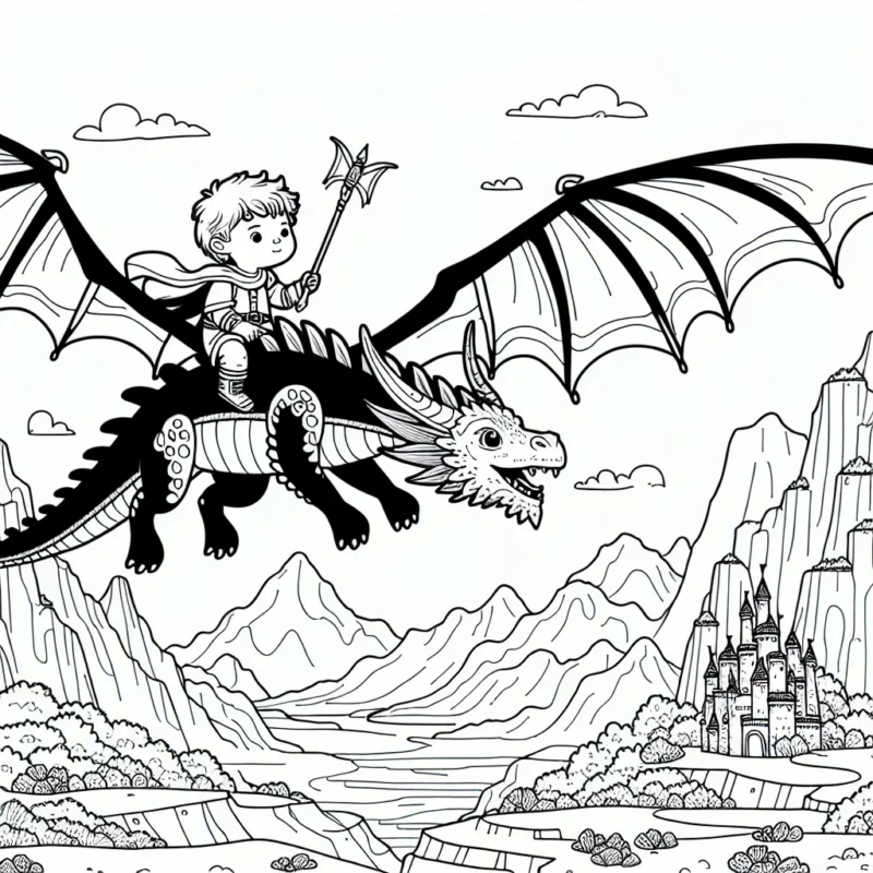 Un petit garçon courageux chevauchant un dragon volant au dessus d'un paysage fantastique