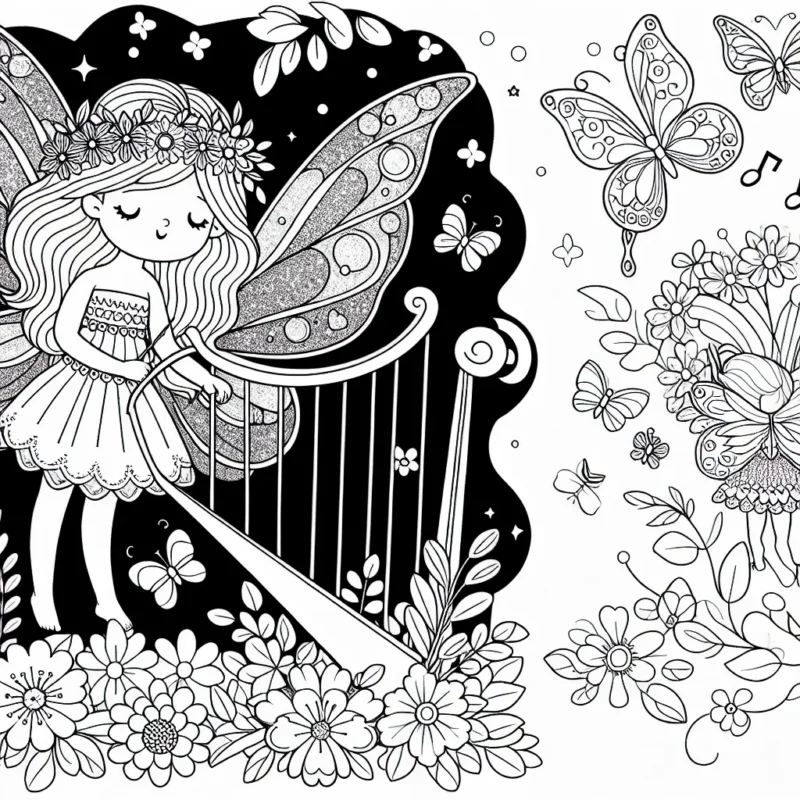 Une jolie fée avec de grandes ailes scintillantes dans un jardin fleuri, entourée de papillons colorés et jouant de la musique avec une harpe d'or.
