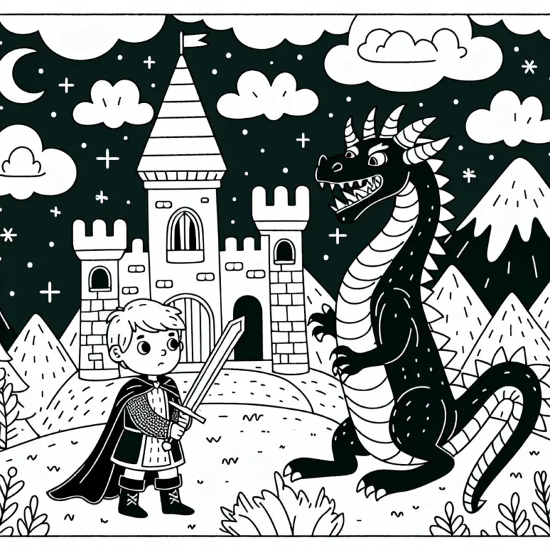 Un petit garçon courageux affronte un dragon féroce pour protéger son château. Le paysage autour présente des collines verdoyantes, des arbres et un ciel étoilé.