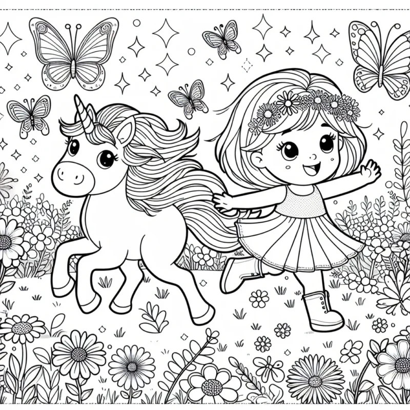 Imaginez Julie, une courageuse petite fille, gambadant joyeusement dans une prairie fleurie avec sa licorne magique. Autour d'elle, des papillons aux ailes scintillantes voletaient ici et là.