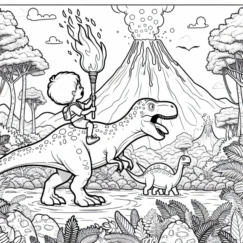 Un petit garçon chevauchant un dinosaure géant tout en tenant une torche enflammée. Le décor représente une forêt dense à l'époque des dinosaures avec des volcans actifs en arrière-plan.
