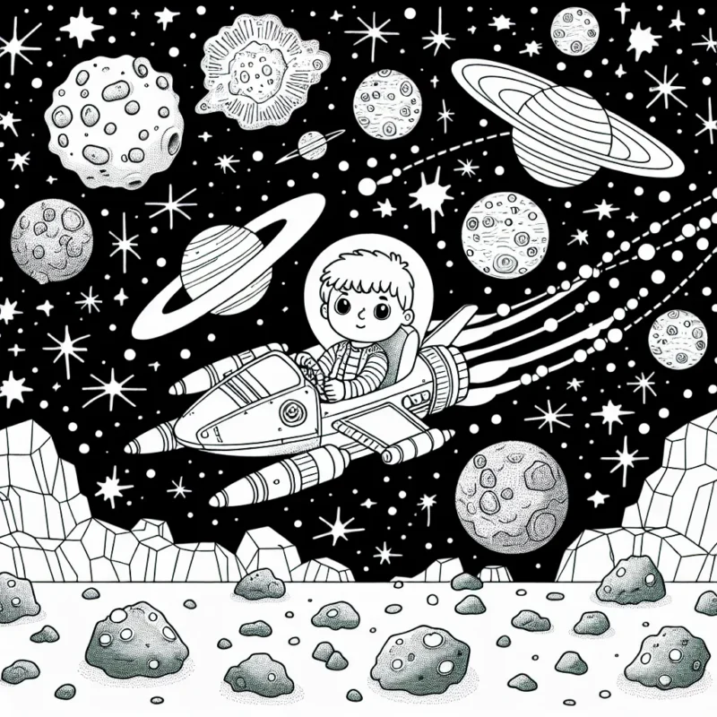 Un petit garçon est en train de piloter un vaisseau spatial orné de nombreux détails. Il traverse un champ d'astéroïdes brillants, avec plusieurs planètes de différentes formes et tailles en arrière-plan. N'oubliez pas de colorer le cosmos rempli de galaxies lointaines et d'étoiles scintillantes !