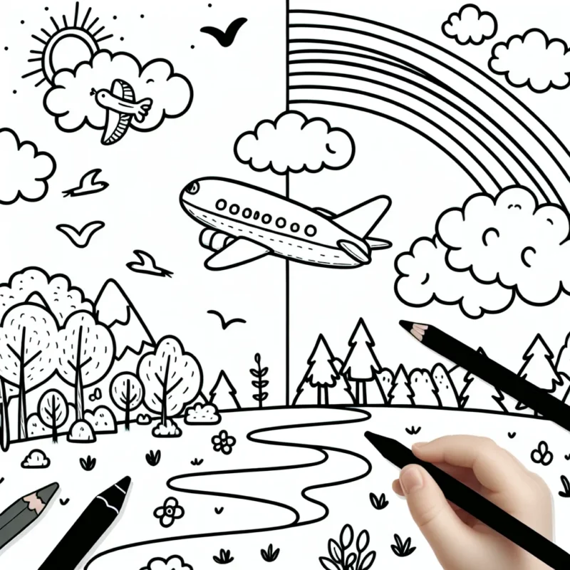 Dessinez un avion qui vole haut dans le ciel, entouré de nuages et d'oiseaux. N'oubliez pas d'inclure un arc-en-ciel coloré et un paysage naturel tranquille en dessous.