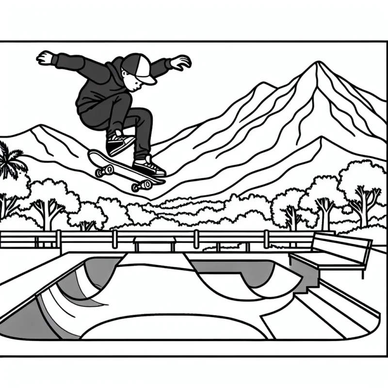 Sur cette page de coloriage, tu peux colorier un skateur en plein saut dans un skatepark avec une vue incroyable sur les montagnes. Utilise toutes les couleurs de ton choix pour rendre cette scène de sport extrême encore plus amusante et vibrante !