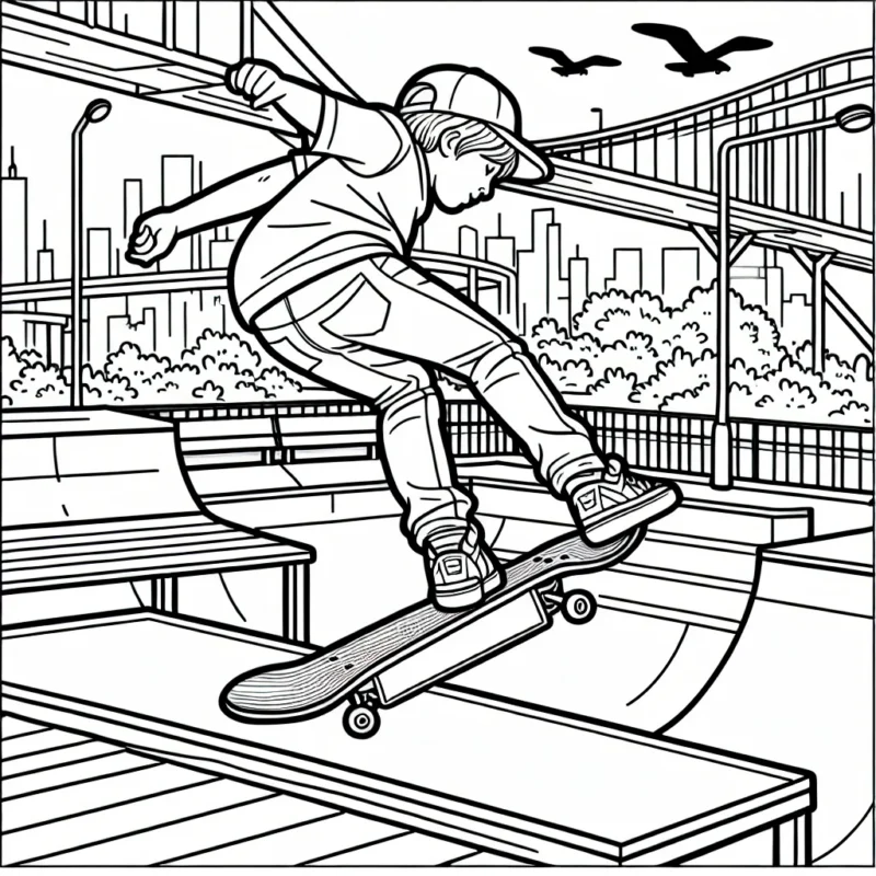 Un skater participant à une compétition de skateboarding tout en réalisant une figure impressionnante dans un skateboard park urbain.