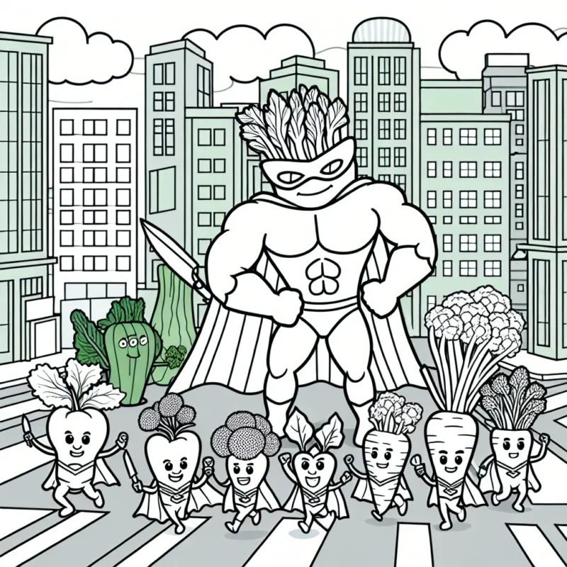 Dessine une équipe de superhéros de légumes combattant un monstre de fast-food géant dans une ville colorée.
