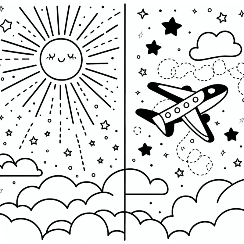 Une esquisse d'avions en plein vol avec des petites étoiles scintillantes et un soleil souriant dans le ciel.