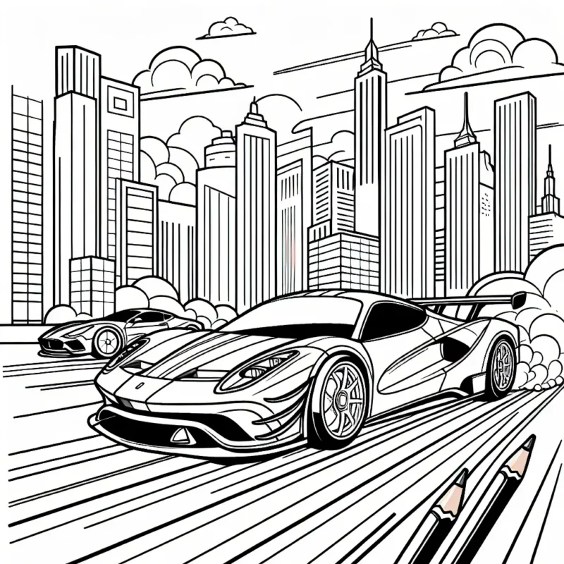 Dessine des voitures par marque comme Ferrari, Bugatti, Lamborghini et Mercedes dans un scène de course sur route urbaine. Utilise des teintes vives pour exprimer la vitesse et l'énergie de la course.
