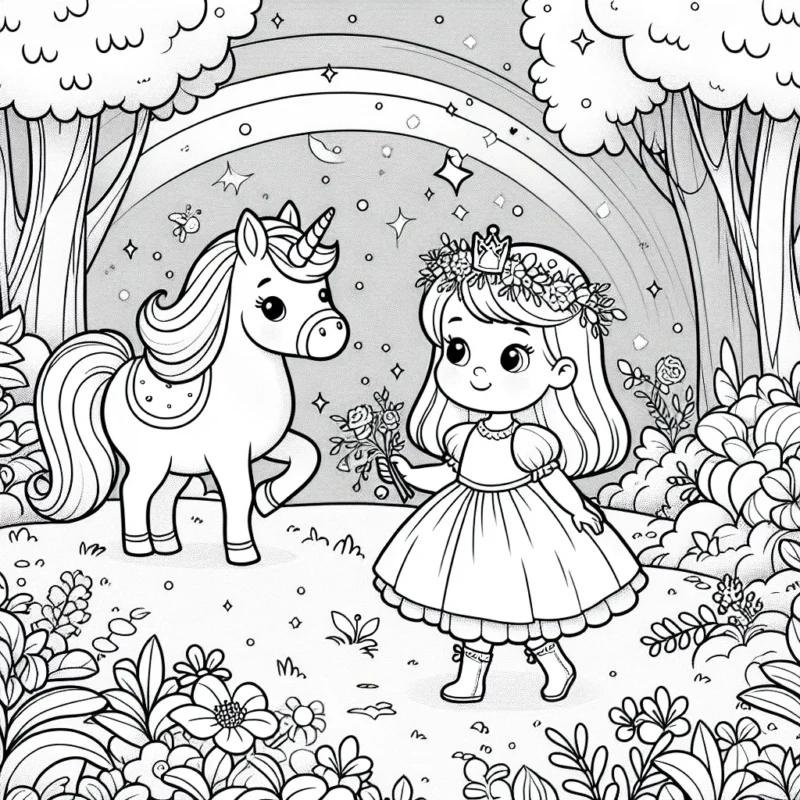 Une petite princesse marche dans un jardin enchanteur avec son licorne.
