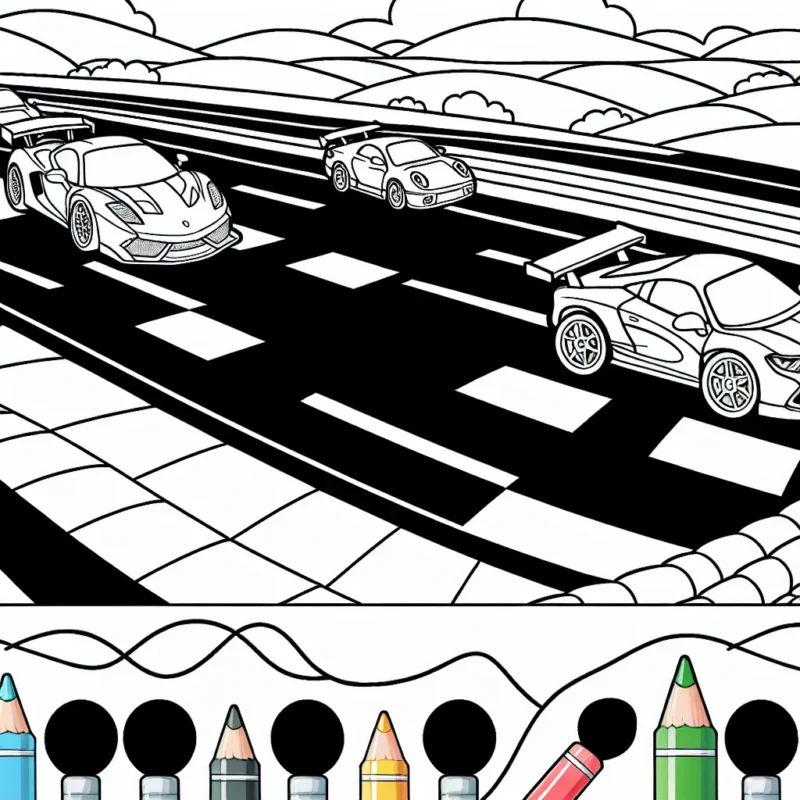 Dessine une course palpitante entre des voitures de sport sur une piste de course animée.