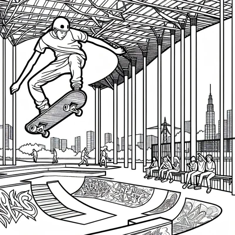 Dessine un skateur exécutant une pirouette audacieuse dans un skatepark urbain, survolant de hauts obstacles. Ajoute des fans enthousiastes regardant de loin et des tags de graffitis colorés sur les murs du skatepark.